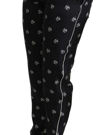 Dolce & Gabbana Black Printed Mid Waist Skinny Silk Pants