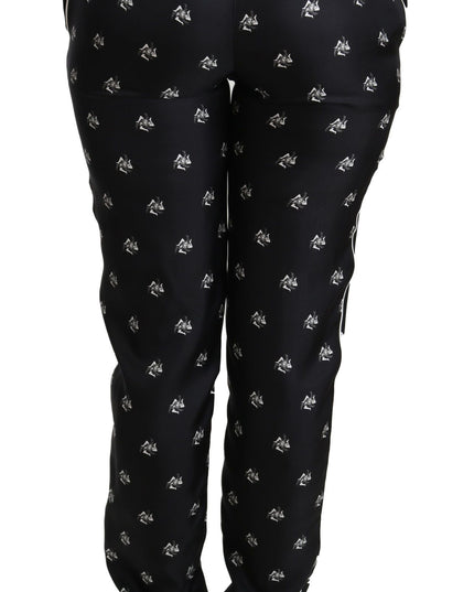 Dolce & Gabbana Black Printed Mid Waist Skinny Silk Pants