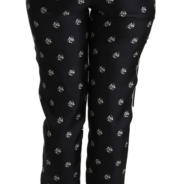 Dolce & Gabbana Black Printed Mid Waist Skinny Silk Pants