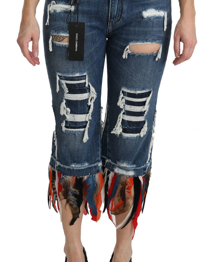 Dolce & Gabbana Blue Feathers Low Waist Cropped Cotton Jeans