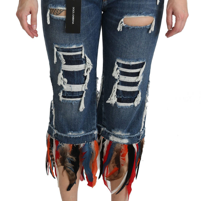 Dolce & Gabbana Blue Feathers Low Waist Cropped Cotton Jeans