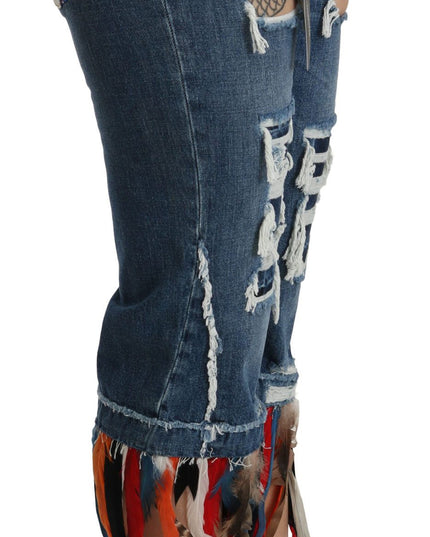Dolce & Gabbana Blue Feathers Low Waist Cropped Cotton Jeans