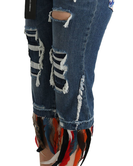 Dolce & Gabbana Blue Feathers Low Waist Cropped Cotton Jeans