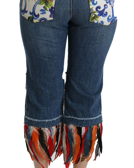 Dolce & Gabbana Blue Feathers Low Waist Cropped Cotton Jeans