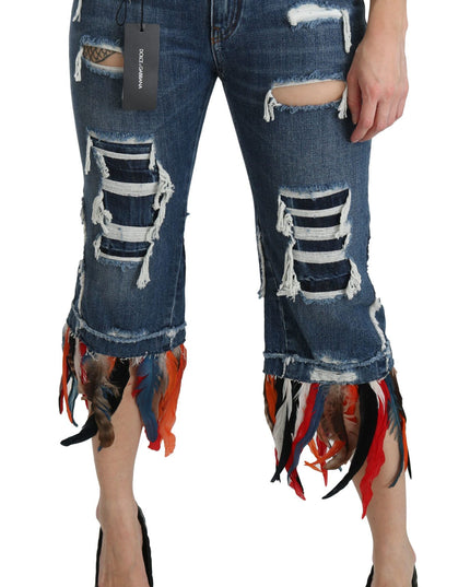 Dolce & Gabbana Blue Feathers Low Waist Cropped Cotton Jeans