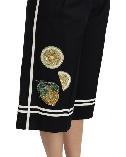 Dolce & Gabbana Black Lemon Embellished Palazzo Cropped Pants