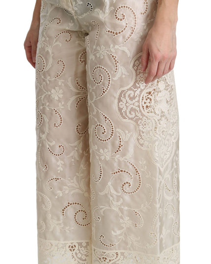 Dolce & Gabbana Cream Lace High Waist Palazzo Cropped Pants