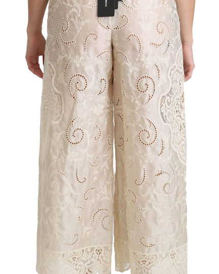 Dolce & Gabbana Cream Lace High Waist Palazzo Cropped Pants