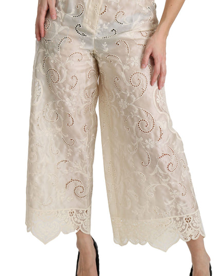 Dolce & Gabbana Cream Lace High Waist Palazzo Cropped Pants