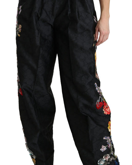 Dolce & Gabbana Black Brocade Floral Sequined Beaded Pants