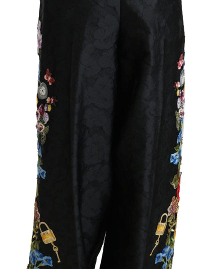 Dolce & Gabbana Black Brocade Floral Sequined Beaded Pants
