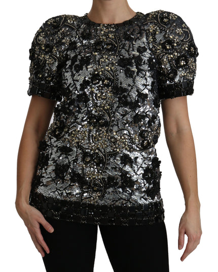 Dolce & Gabbana Black Sequined Crystal Embellished Top Blouse