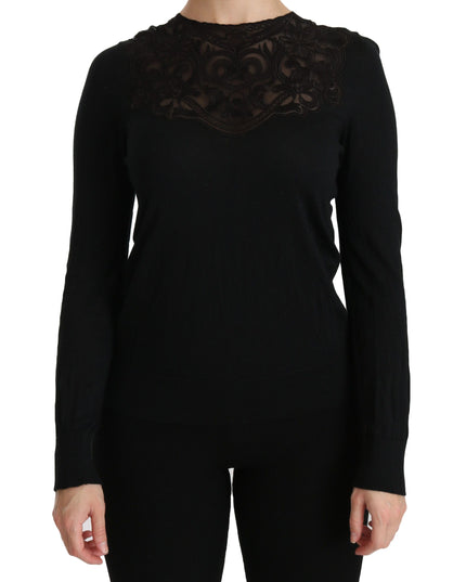 Dolce & Gabbana Black Silk Lace Crew Neck Long Sleeve Blouse