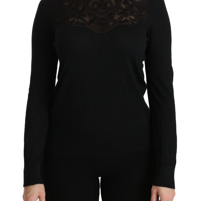 Dolce & Gabbana Black Silk Lace Crew Neck Long Sleeve Blouse