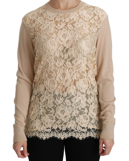 Dolce & Gabbana Beige Lace Long Sleeve Top Cashmere Blouse