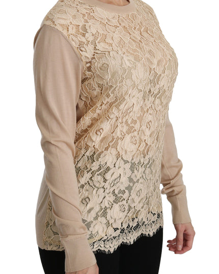 Dolce & Gabbana Beige Lace Long Sleeve Top Cashmere Blouse