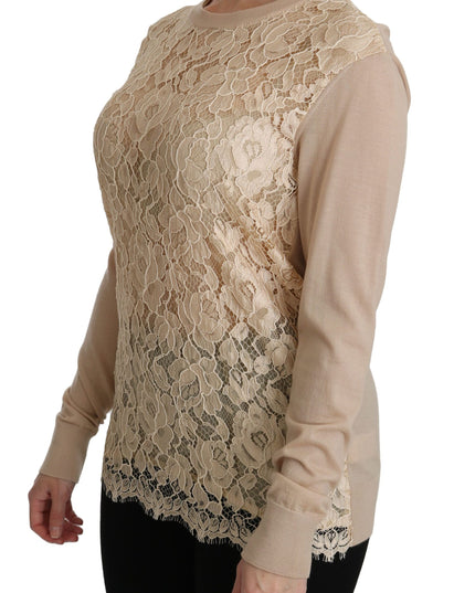 Dolce & Gabbana Beige Lace Long Sleeve Top Cashmere Blouse