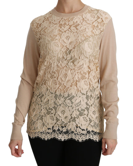 Dolce & Gabbana Beige Lace Long Sleeve Top Cashmere Blouse