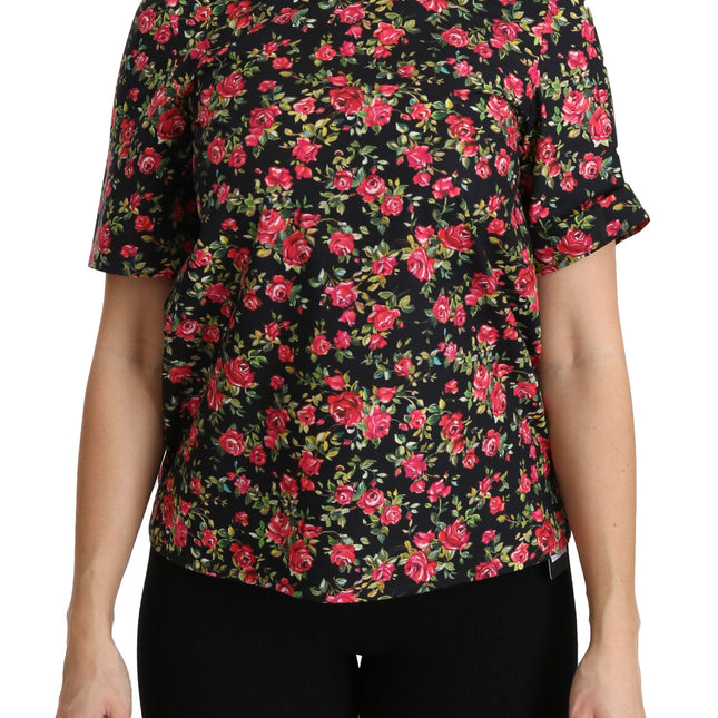 Dolce & Gabbana Black Floral Roses Short Sleeve Top Blouse