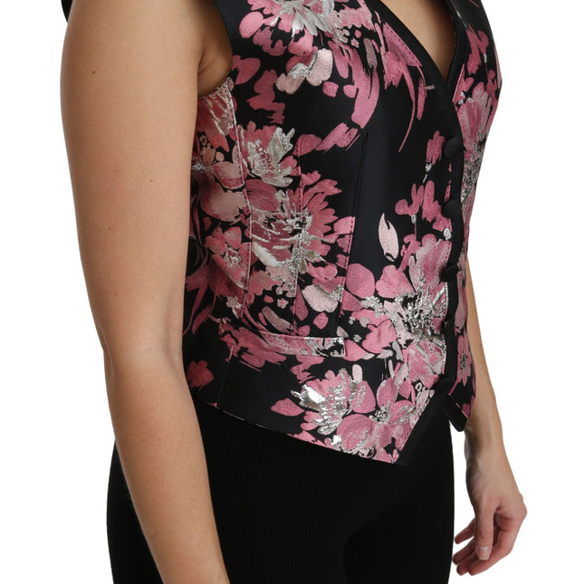 Dolce & Gabbana Black Pink Floral Waistcoat Vest Blouse Top