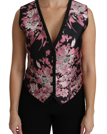 Dolce & Gabbana Black Pink Floral Waistcoat Vest Blouse Top