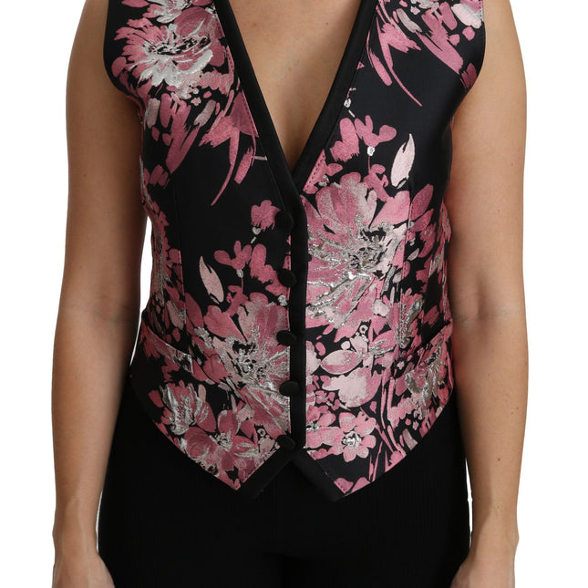 Dolce & Gabbana Black Pink Floral Waistcoat Vest Blouse Top