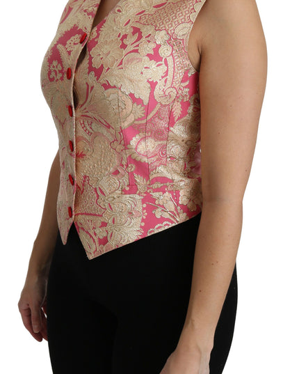 Dolce & Gabbana Pink Gold Brocade Waistcoat Vest Blouse Top