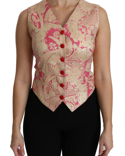Dolce & Gabbana Pink Gold Brocade Waistcoat Vest Blouse Top