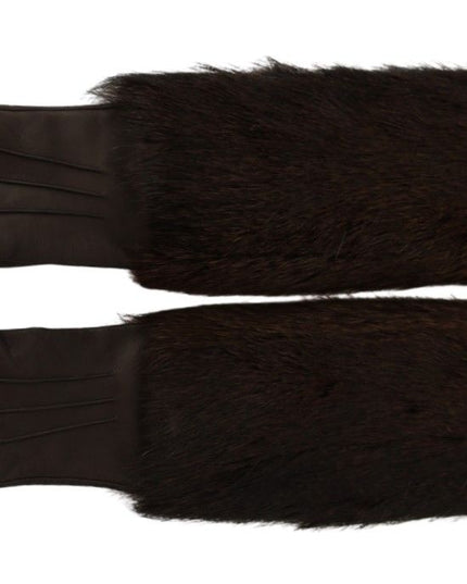 Dolce & Gabbana Brown Elbow Length Mittens Leather Fur Gloves