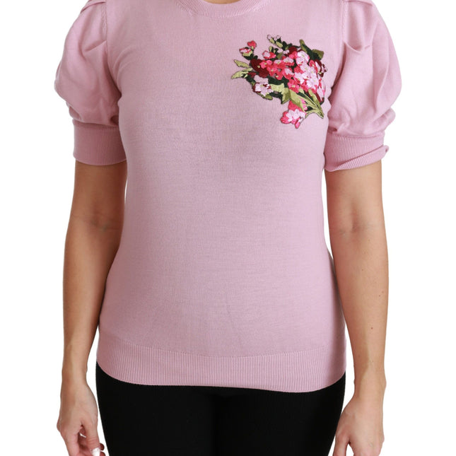 Dolce & Gabbana Pink Floral Embroidered Blouse Wool Top