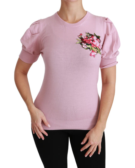 Dolce & Gabbana Pink Floral Embroidered Blouse Wool Top