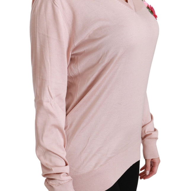 Dolce & Gabbana Pink Floral Embellished Pullover Silk Sweater