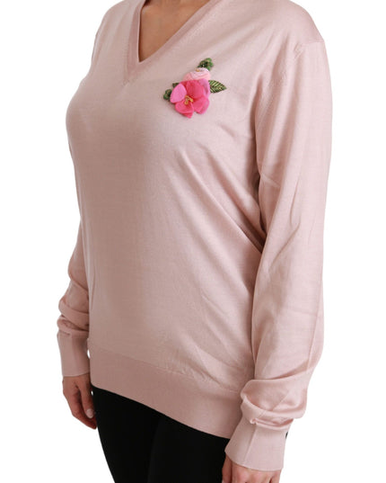 Dolce & Gabbana Pink Floral Embellished Pullover Silk Sweater