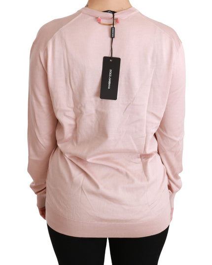 Dolce & Gabbana Pink Floral Embellished Pullover Silk Sweater