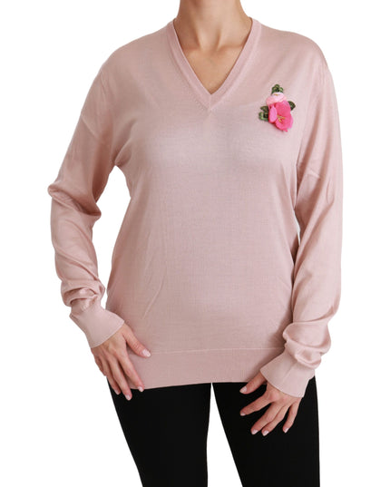 Dolce & Gabbana Pink Floral Embellished Pullover Silk Sweater