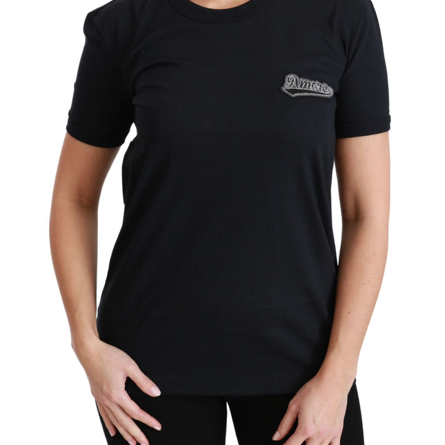 Dolce & Gabbana Blue Amore Patch Crewneck Cotton Top T-shirt