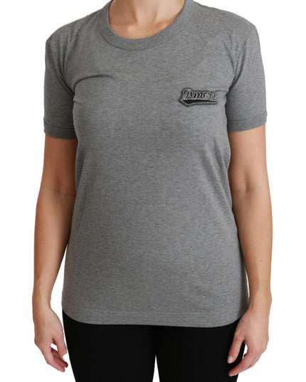 Dolce & Gabbana Gray Crewneck Amore Patch Cotton Top T-shirt