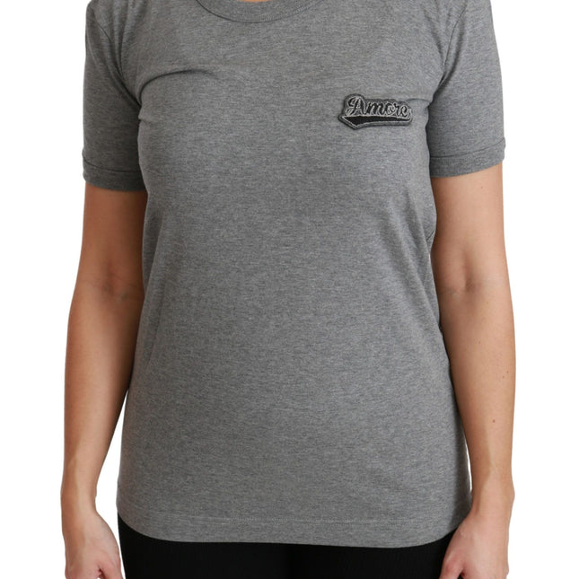 Dolce & Gabbana Gray Crewneck Amore Patch Cotton Top T-shirt