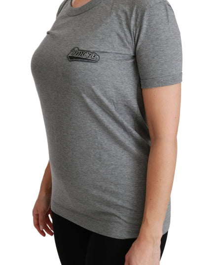 Dolce & Gabbana Gray Crewneck Amore Patch Cotton Top T-shirt