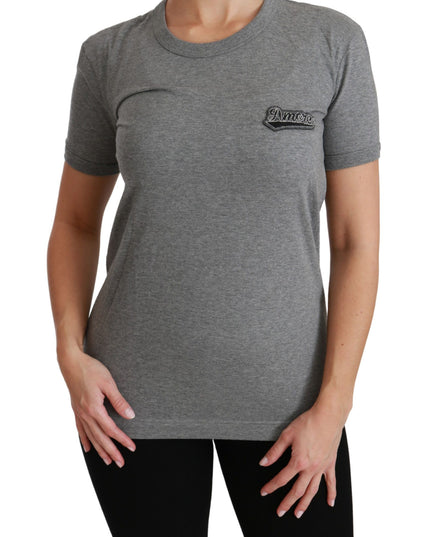 Dolce & Gabbana Gray Crewneck Amore Patch Cotton Top T-shirt