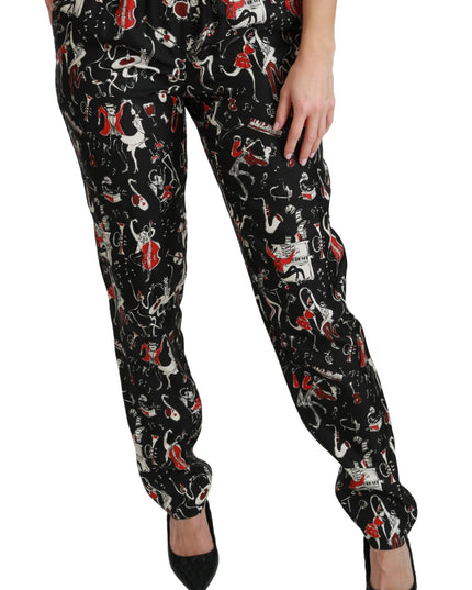 Dolce & Gabbana Black Silk Instrument Mid Waist Pants