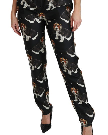 Dolce & Gabbana Black Puppy Dog Mid Waist Skinny Silk Pants