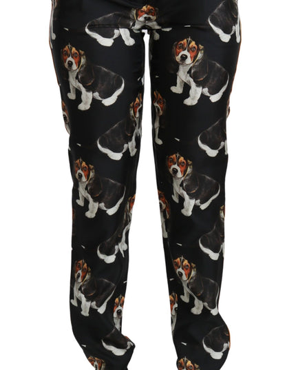 Dolce & Gabbana Black Puppy Dog Mid Waist Skinny Silk Pants