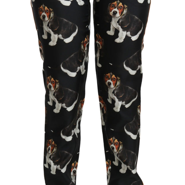 Dolce & Gabbana Black Puppy Dog Mid Waist Skinny Silk Pants