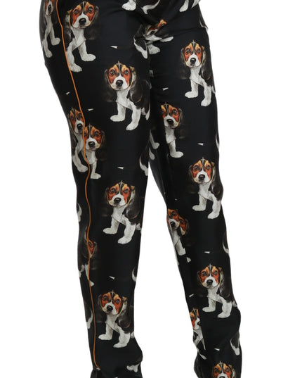 Dolce & Gabbana Black Puppy Dog Mid Waist Skinny Silk Pants
