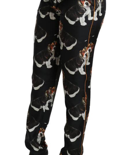 Dolce & Gabbana Black Puppy Dog Mid Waist Skinny Silk Pants