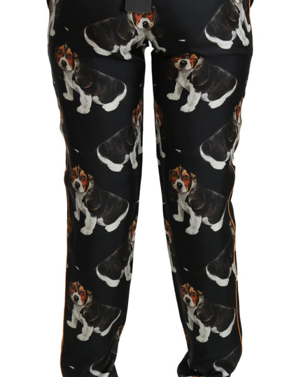Dolce & Gabbana Black Puppy Dog Mid Waist Skinny Silk Pants