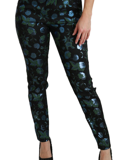 Dolce & Gabbana Blue Green Floral Metallic Slim Pants