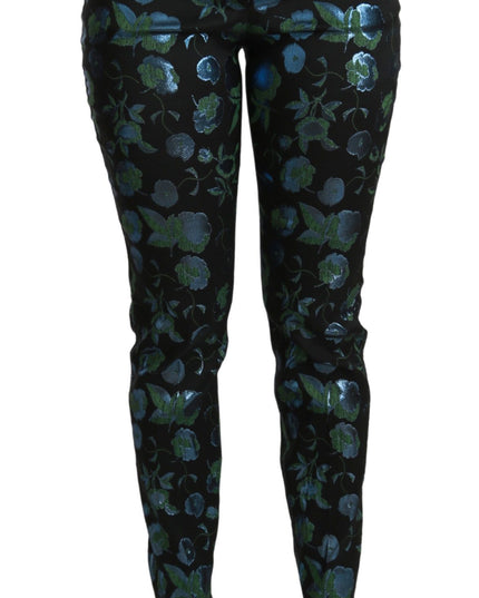 Dolce & Gabbana Blue Green Floral Metallic Slim Pants