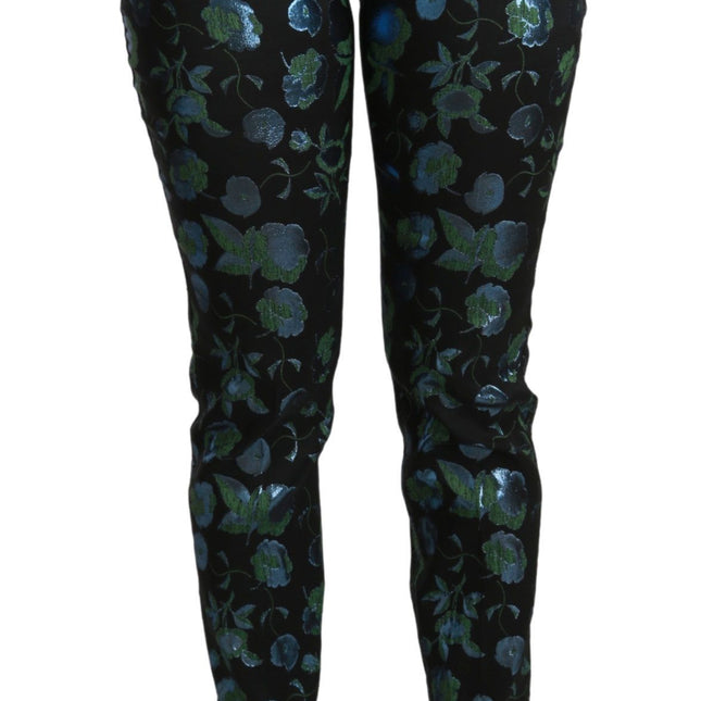 Dolce & Gabbana Blue Green Floral Metallic Slim Pants